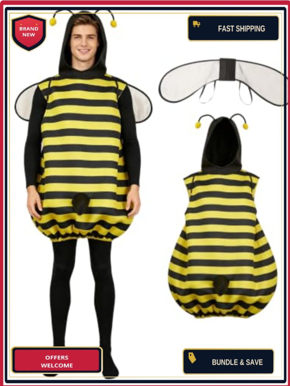 Men's Bee Costume Set 3-in-1 Striped Jumpsuit Wings Headband Halloween